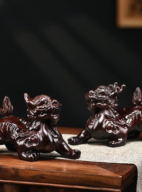 黑檀木雕b貔貅摆件家居饰品木质公母一对独角双角皮丘客厅开业送