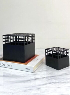 现代简约欧式轻奢黑色p金属方形镂空花器摆件样板房售楼处软装饰