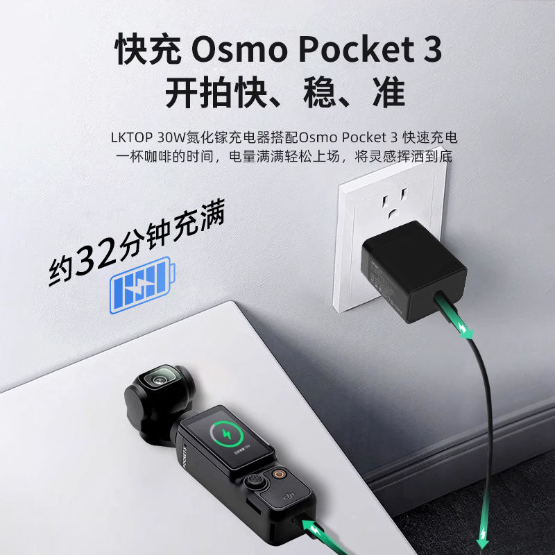 LKTOP立可拓Pocket3充电器30W氮化镓Nano/Action6相机充电头适用大疆action 5 pro/4/3/Mini4pro无人机配件 - 图1