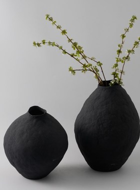 现代简约新中式黑色陶瓷花瓶v摆件样板间售楼部酒店客厅玄关装饰