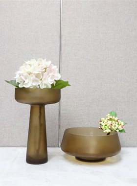现代简约磨砂玻璃花瓶果q盘摆件客厅茶几电视柜样板间家居软装饰