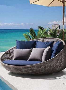户外藤编沙发床露台阳台仿藤圆床庭院花园泳池懒人民宿圆形藤躺床