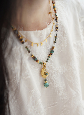 JoJo｜设计师款复古绿松石天然石串珠锁骨链羽毛耳饰秋叶项链