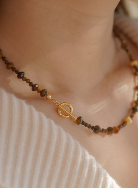 JoJo｜独家首创钻切虎眼石美拉德串珠OT扣项链+咖啡豆虎眼石项链