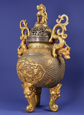 旧藏精品唐代时期局部鎏金y双耳兽足熏炉摆件 高36厘米