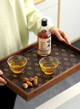 胡桃木皮革五角星长方形托盘轻奢实木收纳盘酒T杯茶装饰品摆件