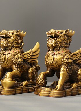 金钱麒麟摆件一j对全铜家用家居饰品店铺办公室桌面铜摆饰公母皮