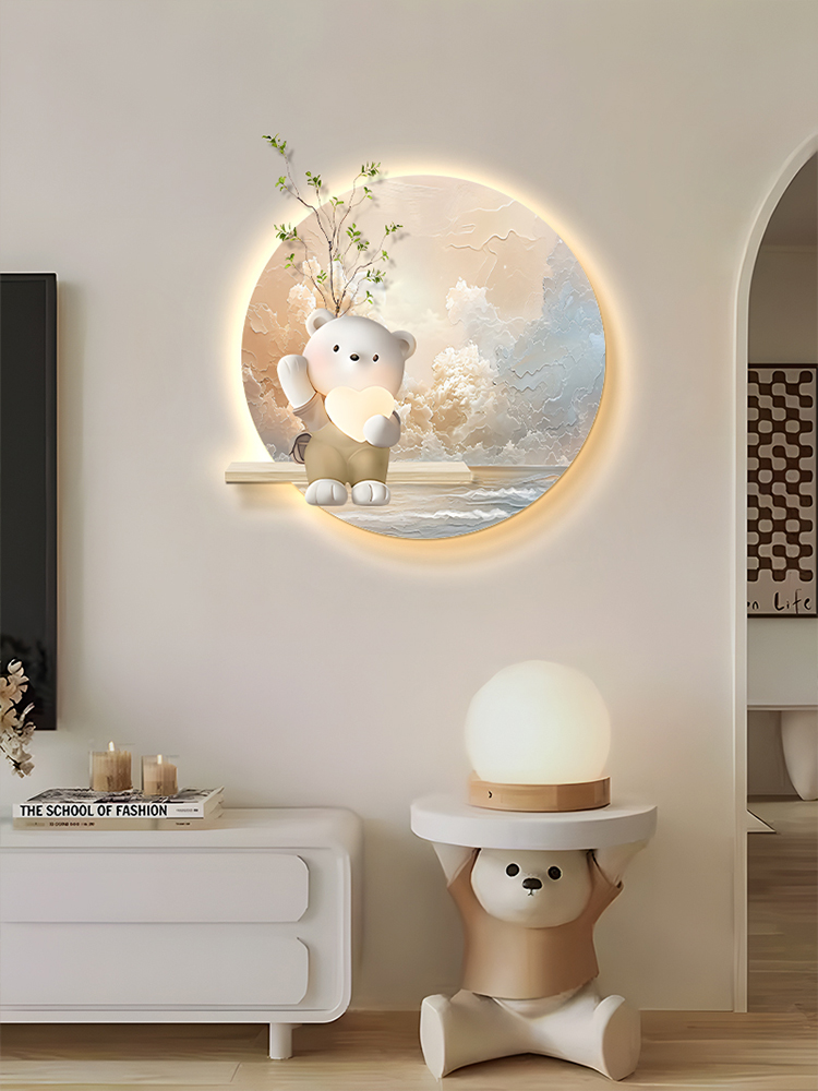 网红油风餐厅壁墙面装饰画饭创意小奶熊挂画厅高级感发光餐桌背景 - 图0