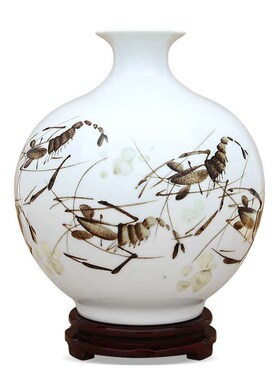 景德镇陶瓷器手i绘虾趣石榴小花瓶客厅装饰品办公室现中式工艺摆