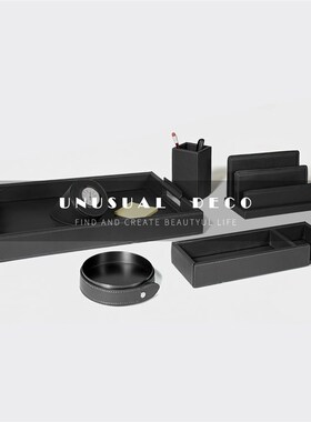 欧式轻奢黑d色米白牛皮相框托盘时钟烟灰缸样板间书房办公桌摆件