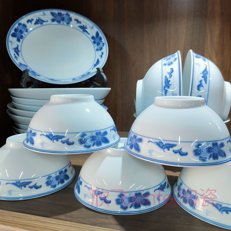 醴陵釉下彩群力老瓷器54头陶瓷餐具套装礼品瓷家用日用蓝海棠高温