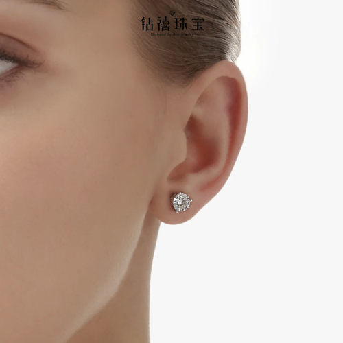钻禧珠宝六爪钻石耳钉18K金白金1克拉真钻耳饰送女友礼物自戴 - 图1