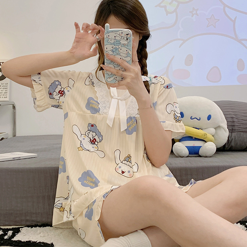 SG夏季爆款韩版甜美家居服蕾丝花边睡衣女卡通棉质短袖短裤套装-图2