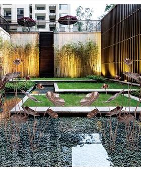 不锈钢荷花铁艺荷叶雕塑落地摆件酒店庭院水池水景金属软装装饰品