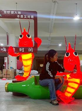 户外仿真卡通发光小龙虾座椅玻璃钢雕塑海鲜馆餐厅拍照落地大摆件
