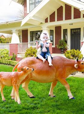 仿真牛雕塑玻璃钢黄牛摆件牧童骑牛农耕文化店铺门口园林景观装饰