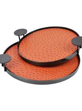 北欧简约现代轻奢k金属皮革圆形托盘摆件样板间餐厅客厅桌面装饰