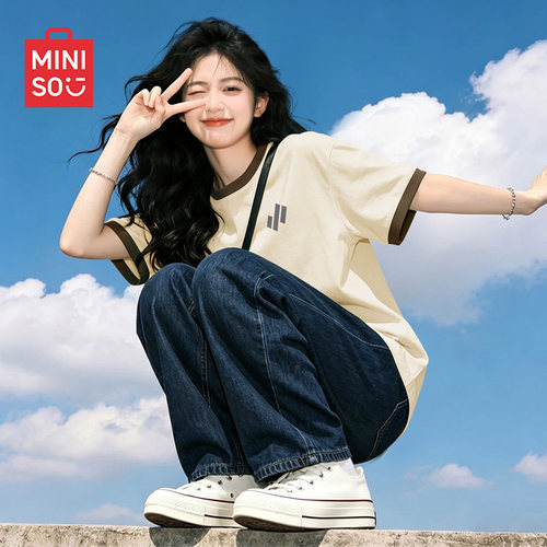 名创优品灰色短袖t恤女2026新款夏季撞色体恤衫女士显瘦宽松上衣D - 图0