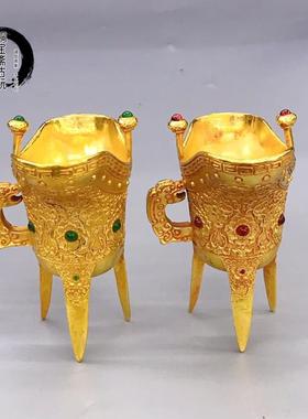 古玩铜镀金三足龙耳爵杯镶宝石酒杯复古大唐贞观酒具室内轻奢摆件