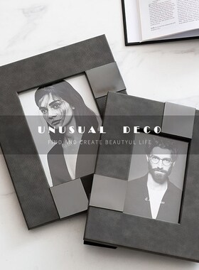 现代北欧轻奢深灰色n咖色PU皮制相框样板房茶几床头柜饰品摆台摆