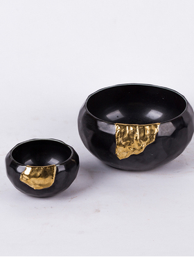 现代简约新中式黑白鎏金陶瓷碗果A盘摆件样板房客厅软装收纳工艺