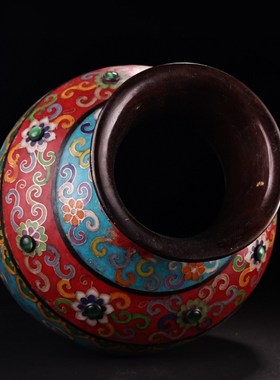 古玩旧藏收纯铜j镶嵌宝石掐丝珐琅彩景泰蓝花瓶家居装饰摆件收藏