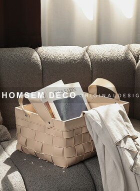 现代极简卡其色h编织皮革脏衣收纳篓样板间卧室客厅网格置物篮摆