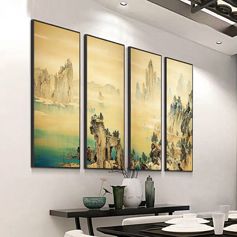 新中式客厅山水风景装饰画大气沙发背景墙四联画茶室禅意水墨国画 - 图2