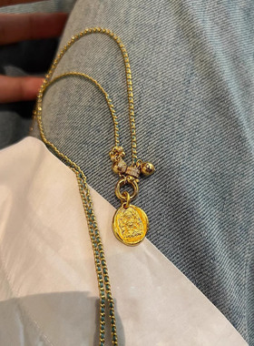 实心黄财神绿绳金链跑环吊坠项链