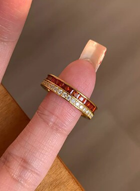 金色新年红红双层排钻戒指女精致