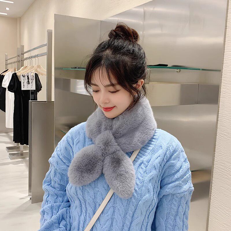 L3软糯韩国chic加厚纯色毛毛围脖保暖仿獭免毛交叉围巾毛绒领子女