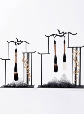 现代新中式客厅玄关书房毛笔架屏C风假山装饰品摆件电视柜酒柜摆