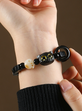 新品黑檀木方糖炭烤菩提猫爪猫头手串女可爱小猫咪手X链男情侣学