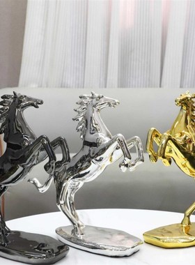 欧式轻奢抽象树脂电镀腾空骏马动物雕塑摆件客厅书房X软装家居饰