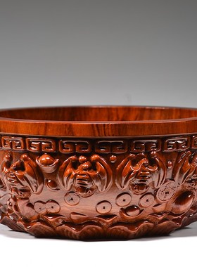 花梨木雕刻聚宝盆摆件实木客厅办公室家居店铺开R业送礼红木工艺