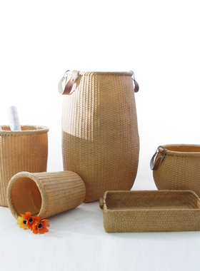 北欧复古怀旧砂岩仿编织篓收纳摆C件样板间民宿酒店竹篮插花器装