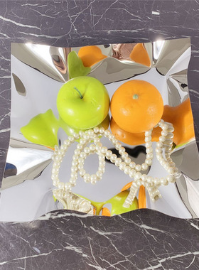 北欧创意镜面抛光m褶皱不锈钢亮面金属托盘样板间置物碟摆件