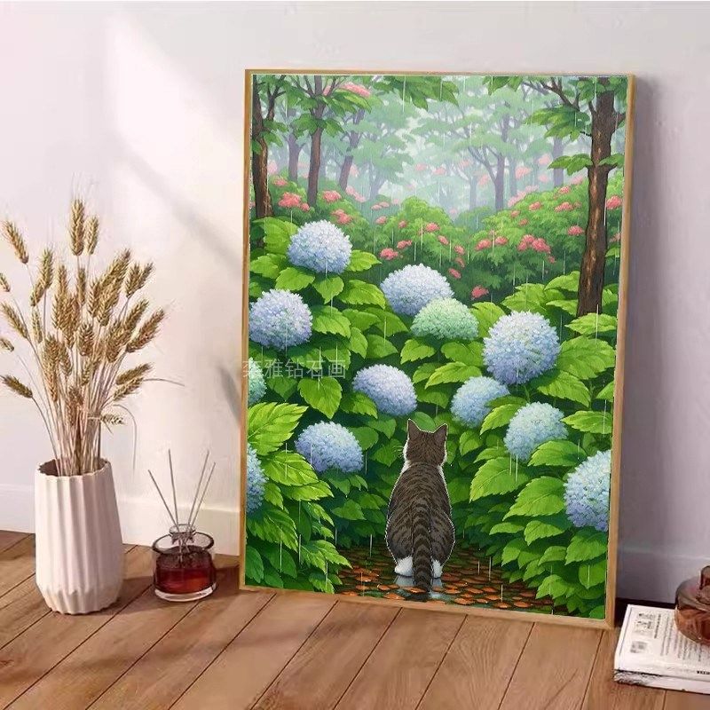 DIY方钻满钻钻石画钻石绣贴钻B十字绣带钻森林绣球花园前的黑猫咪,淘宝优惠券,粉丝福利购,淘宝优惠卷