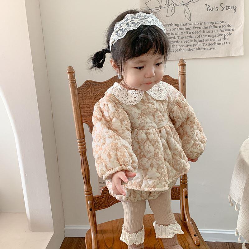 2023冬季新款韩版婴儿夹棉套装女宝宝碎花蕾丝领上衣短裤两件套