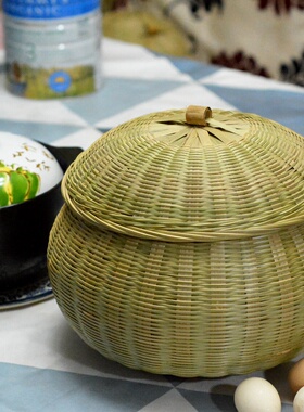 茶叶罐竹编收纳盒有盖 家用竹制品带盖子子竹篮 围棋篮手编筐茶饼