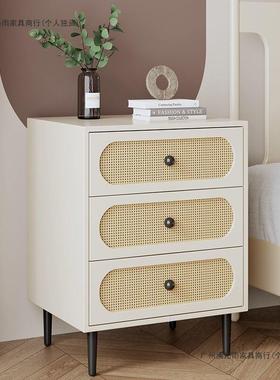 实木床头柜中古北欧简约现代藤编小柜子民宿卧室收纳斗柜置物柜子