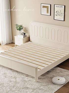 奶油风实木床白色1.8/1.5米现代简约轻奢床主卧.软包双人床储物床