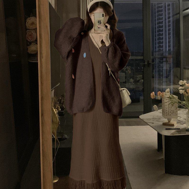 实拍大码女港风复古慵懒风中长款毛衣外套流苏针织吊带裙套装,淘宝优惠券,粉丝福利购,淘宝优惠卷