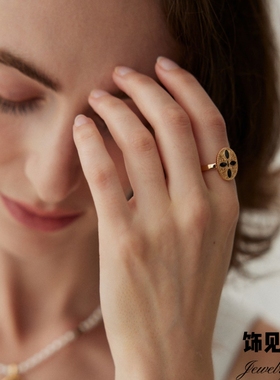 法式宫廷复古风图腾花纹黑玛瑙气质戒指女轻奢小众高级感开口指环