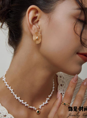 复古祖母绿锆石错落珍珠项链高级感锁骨链小众轻奢颈链S925银颈饰