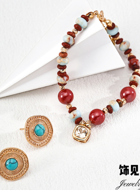 新年红石朱砂寿山石手链红色喜庆锆石复古手串S925银节日配饰礼物