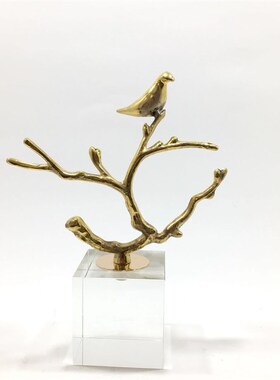 现代新中式金属铜枝小鸟摆件水晶样板房书房R客厅创意软装饰品