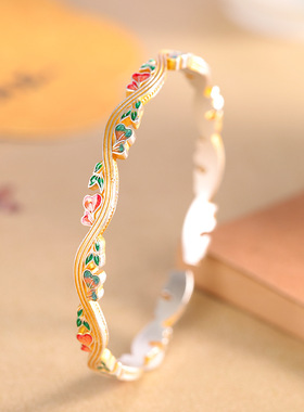 人品银品足银999.9珐琅描金紫藤花手镯国潮开口女气质百搭银镯子