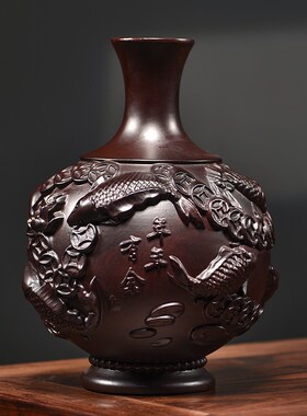黑檀木雕花瓶摆件玄关中式客厅电视E柜酒柜家居饰品实木工艺品送