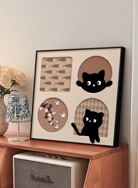 中古风猫咪客厅装饰画法式复古治愈系桌面摆件画餐厅小众艺术挂画